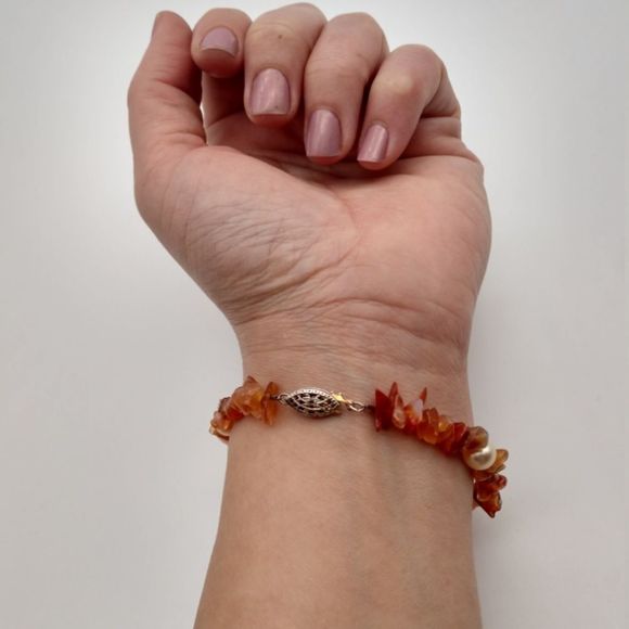 Vintage Sterling Silver Carnelian Pearl Bracelet 1403 - Picture 8 of 8